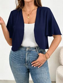 SHEIN Essnce 大码女装春夏时尚休闲舒适日常百搭短袖黑色开衫，夏季外套，外出上衣，办公穿着，度假装扮 - 藏蓝色 - 查看 11