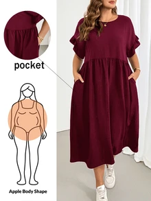 Shapeblank Plus Size Women's Solid Color Round Neck Ruched Pocket Casual Everyday Dress Brunch Formal Burgundy Summer - Burgundy - View 2