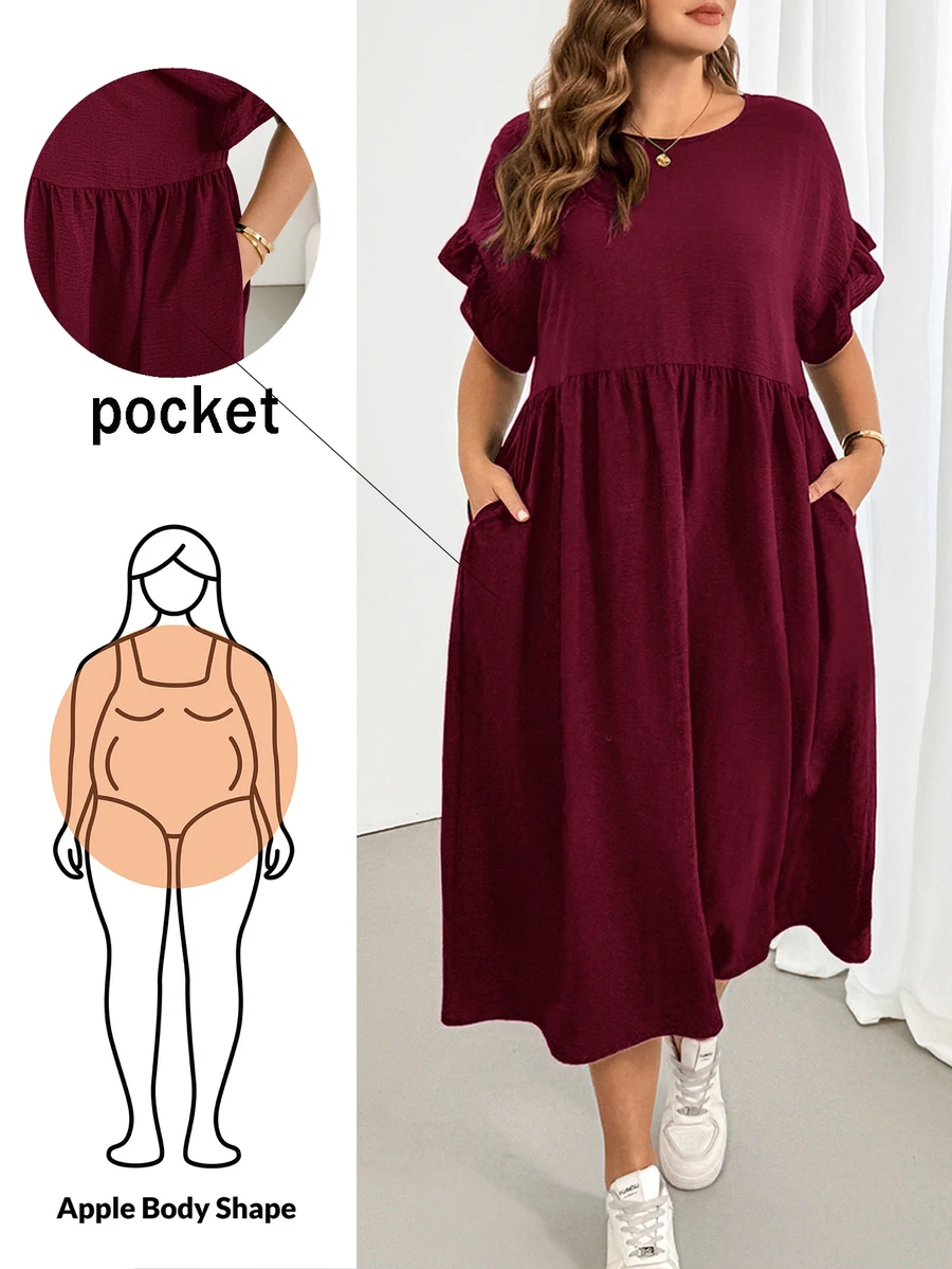 Shapeblank Plus Size Women's Solid Color Round Neck Ruched Pocket Casual Everyday Dress Brunch Formal Burgundy Summer