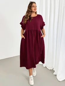 Shapeblank Plus Size Women's Solid Color Round Neck Ruched Pocket Casual Everyday Dress Brunch Formal Burgundy Summer - Burgundy - View 4