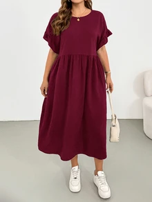 Shapeblank Plus Size Women's Solid Color Round Neck Ruched Pocket Casual Everyday Dress Brunch Formal Burgundy Summer - Burgundy - View 5