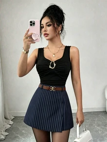 Elenzga 女士夏季休闲褶皱吊带背心和条纹短裙两件套 - 彩色 - 查看 4
