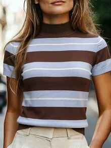 SHEIN Franclia Half-High Neck Fitted Pullover Short Sleeve Striped Knit Top - Coffee Brown - View 6