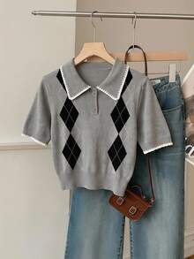 SHEIN EZwear 女款針織素色學院風熱門格紋系列超可愛 Polo 領短袖上衣，適合春夏日常穿搭與校園，灰色 80 年代復古風 - 彩色 - 查看 3