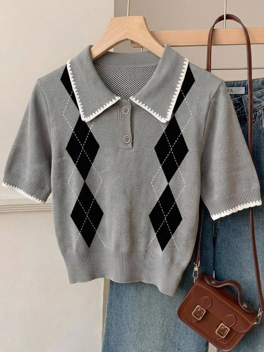 SHEIN EZwear 女款針織素色學院風熱門格紋系列超可愛 Polo 領短袖上衣,適合春夏日常穿搭與校園,灰色 80 年代復古風 - 彩色 - 查看 1