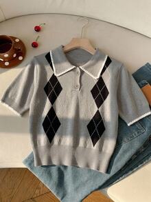 SHEIN EZwear 女款針織素色學院風熱門格紋系列超可愛 Polo 領短袖上衣，適合春夏日常穿搭與校園，灰色 80 年代復古風 - 彩色 - 查看 6