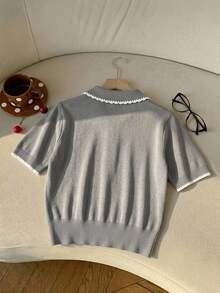 SHEIN EZwear 女款針織素色學院風熱門格紋系列超可愛 Polo 領短袖上衣，適合春夏日常穿搭與校園，灰色 80 年代復古風 - 彩色 - 查看 2