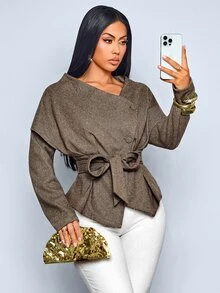 SOLERSUN Chaqueta Blazer con Capa y Cinturón Elegante para Mujer, Cuello Asimétrico Manga Larga Ajuste Slim, Abrigo de Oficina Minimalista Chic de Moda Otoñal - Marrón - Ver 8