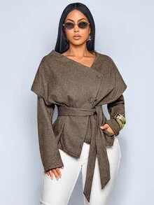 SOLERSUN Chaqueta Blazer con Capa y Cinturón Elegante para Mujer, Cuello Asimétrico Manga Larga Ajuste Slim, Abrigo de Oficina Minimalista Chic de Moda Otoñal - Marrón - Ver 7