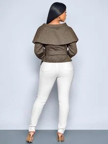 SOLERSUN Chaqueta Blazer con Capa y Cinturón Elegante para Mujer, Cuello Asimétrico Manga Larga Ajuste Slim, Abrigo de Oficina Minimalista Chic de Moda Otoñal - Marrón - Ver 3