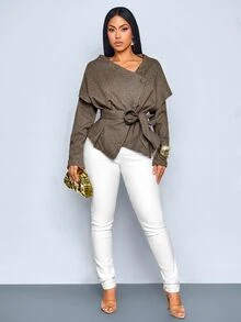 SOLERSUN Chaqueta Blazer con Capa y Cinturón Elegante para Mujer, Cuello Asimétrico Manga Larga Ajuste Slim, Abrigo de Oficina Minimalista Chic de Moda Otoñal - Marrón - Ver 6