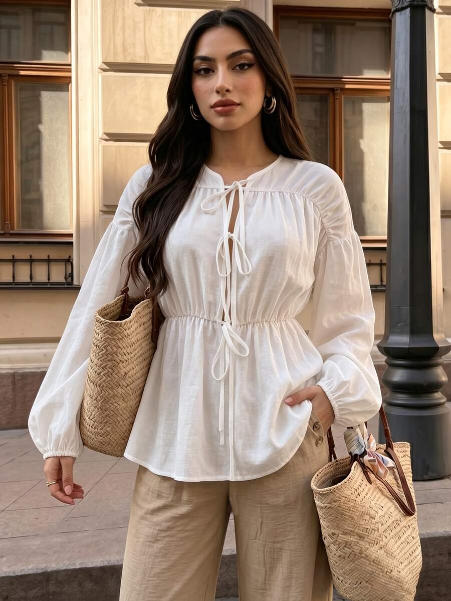 SHEIN Clasi 女款V領前綁帶長袖襯衫 - 白色 - 查看 1