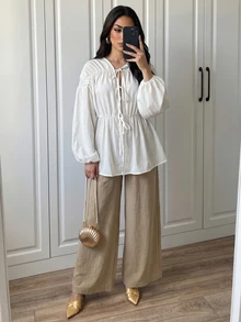 SHEIN Clasi 女款V領前綁帶長袖襯衫 - 白色 - 查看 3