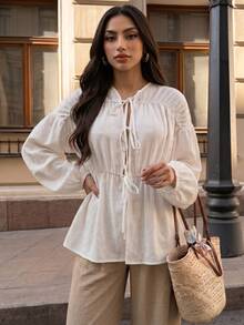 SHEIN Clasi 女款V領前綁帶長袖襯衫 - 白色 - 查看 6