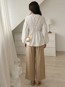 SHEIN Clasi 女款V領前綁帶長袖襯衫 - 白色 - 查看 2