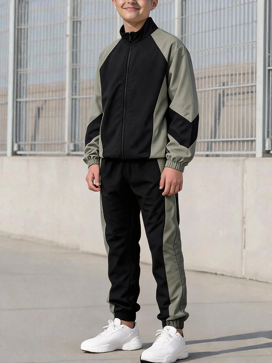 SHEIN 2件組青少年男孩半拉鍊連帽外套與慢跑長褲,街頭生活休閒圖案街頭時尚 - 彩色 - 查看 1