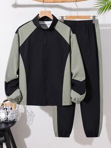 SHEIN 2件組青少年男孩半拉鍊連帽外套與慢跑長褲，街頭生活休閒圖案街頭時尚 - 彩色 - 查看 5