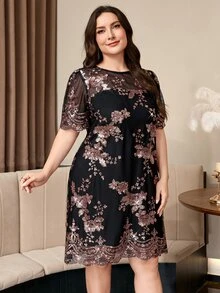 SHEIN Clasi Plus Size Summer Fashion Sequin Embroidered Mesh Dress - Multicolor - View 7