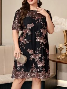 SHEIN Clasi Plus Size Summer Fashion Sequin Embroidered Mesh Dress - Multicolor - View 5
