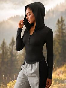 Exploreva Exploreva Women's Solid Color Casual Versatile Daily Wear Long Sleeve Hooded Sports T-Shirt - Black - View 5