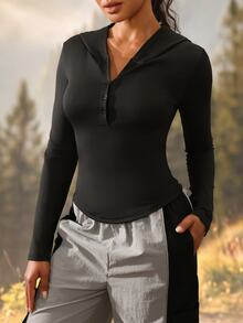 Exploreva Exploreva Women's Solid Color Casual Versatile Daily Wear Long Sleeve Hooded Sports T-Shirt - Black - View 3
