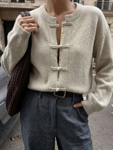 SHEIN Women's New Chinese Style Sweater With Chinese Buttons, Round Neck, Long Sleeve, Versatile, Elegant, Suitable For Autumn/Winter, Daily Wear, Dating, Afternoon Tea - Apricot - View 4