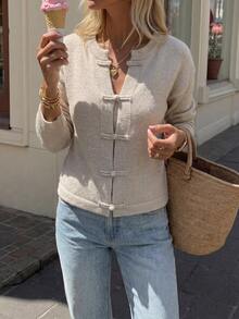 SHEIN Women's New Chinese Style Sweater With Chinese Buttons, Round Neck, Long Sleeve, Versatile, Elegant, Suitable For Autumn/Winter, Daily Wear, Dating, Afternoon Tea - Apricot - View 3