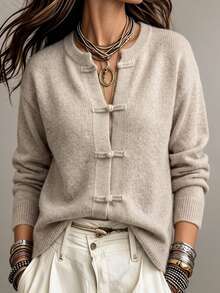 SHEIN Women's New Chinese Style Sweater With Chinese Buttons, Round Neck, Long Sleeve, Versatile, Elegant, Suitable For Autumn/Winter, Daily Wear, Dating, Afternoon Tea - Apricot - View 1