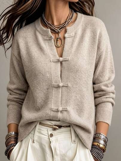SHEIN Women's New Chinese Style Sweater With Chinese Buttons, Round Neck, Long Sleeve, Versatile, Elegant, Suitable For Autumn/Winter, Daily Wear, Dating, Afternoon Tea