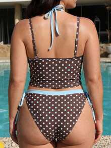 SHEIN Swim 2026 Spring/Summer New Plus Size 2-Piece Blue-Grey Large Scoop Neck Shoulder Strap Random Polka Dot Design Women's Bikini Set Set Casual Suitable For Beach Vacation - Multicolor - View 2