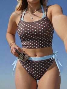 SHEIN Swim 2026 Spring/Summer New Plus Size 2-Piece Blue-Grey Large Scoop Neck Shoulder Strap Random Polka Dot Design Women's Bikini Set Set Casual Suitable For Beach Vacation - Multicolor - View 1
