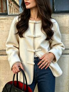 SHEIN PariChic Mantel Duffle Longgar dengan Bahu Jatuh dan Kancing Depan - Aprikot - View 3