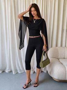 Coastalzia Women's New Summer Set, Black Set, French Casual Chiffon Ribbon Tank Top + Leggings Set, South French Lazy Style Tank Top + Capri Pants Set, 7-Point Pants Black Set, Casual Vintage Tank Top + Leggings 2-Piece Set, Sexy Black Tight Tank Top 2-Piece Set, Suitable For Daily Wear, Home, Outings And Shopping, Machine Washable - Black - View 3