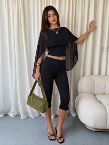Coastalzia Women's New Summer Set, Black Set, French Casual Chiffon Ribbon Tank Top + Leggings Set, South French Lazy Style Tank Top + Capri Pants Set, 7-Point Pants Black Set, Casual Vintage Tank Top + Leggings 2-Piece Set, Sexy Black Tight Tank Top 2-Piece Set, Suitable For Daily Wear, Home, Outings And Shopping, Machine Washable - Black - View 4