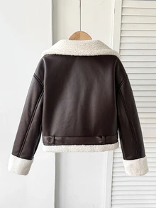 SHEIN 青少年女孩秋冬新款休閒棕色翻領口袋前開拉鍊PU保暖內裡短夾克，母女套裝，青少年女孩秋冬皮革毛領短夾克 - 棕色 - 查看 5
