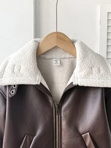 SHEIN 青少年女孩秋冬新款休閒棕色翻領口袋前開拉鍊PU保暖內裡短夾克，母女套裝，青少年女孩秋冬皮革毛領短夾克 - 棕色 - 查看 7