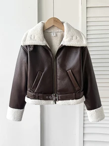SHEIN 青少年女孩秋冬新款休閒棕色翻領口袋前開拉鍊PU保暖內裡短夾克，母女套裝，青少年女孩秋冬皮革毛領短夾克 - 棕色 - 查看 2