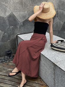 DAZY 女士纯色系带休闲长款裹身裙，夏季女装，夏季女装，夏季工作装，夏季女士套装，亚麻材质 - 酒紅色 - 查看 5