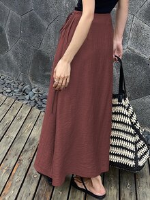 DAZY 女士纯色系带休闲长款裹身裙，夏季女装，夏季女装，夏季工作装，夏季女士套装，亚麻材质 - 酒紅色 - 查看 3