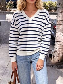 SHEIN PariChic Sweatshirt crop top minimalis bergaris blok warna dengan kerah V, lengan panjang model drop shoulder dengan manset dan ujung bawah bergaris, atasan kasual untuk sehari-hari di musim semi dan musim panas. - Blue and White - View 6