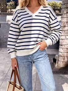 SHEIN PariChic Sweatshirt crop top minimalis bergaris blok warna dengan kerah V, lengan panjang model drop shoulder dengan manset dan ujung bawah bergaris, atasan kasual untuk sehari-hari di musim semi dan musim panas. - Blue and White - View 5
