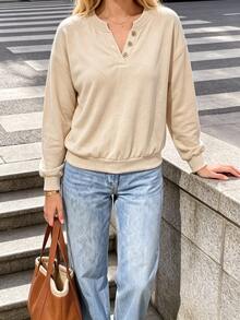 SHEIN PariChic Sweatshirt Kasual Minimalis Dasar Warna Beige Ukuran Besar dengan Kancing V Sebagian, Kerah Bulat, Lengan Manset, Potongan Pendek, Cocok untuk Musim Semi dan Gugur, Cocok untuk Perjalanan dan Komuter. - Aprikot - View 7