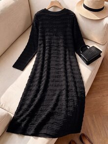 Rusticease Solid Textured Round Neck Dress Fall Winter Casual Dresses For Women - Black - View 3