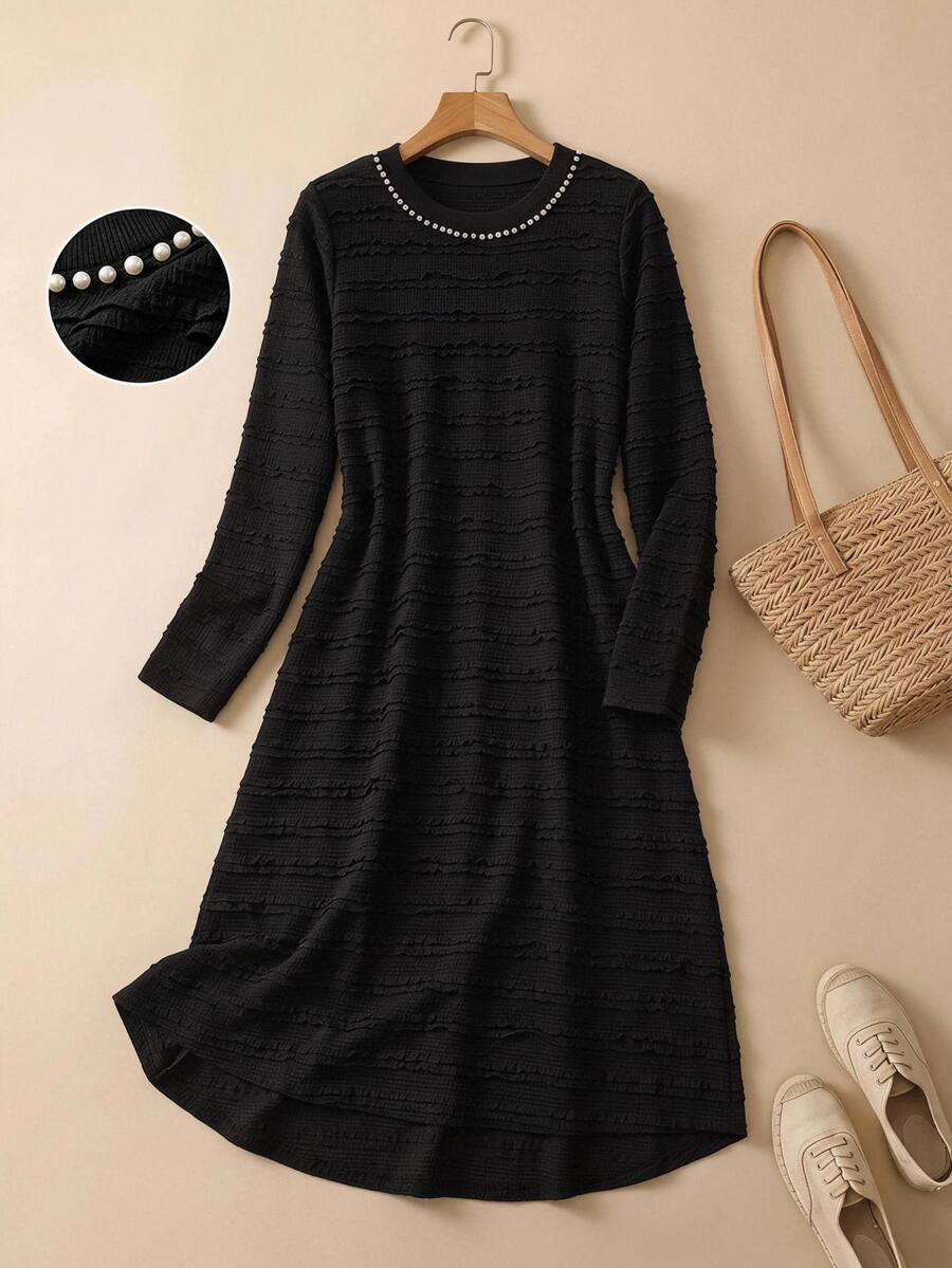 Rusticease Solid Textured Round Neck Dress  Fall Winter  Casual Dresses For Women