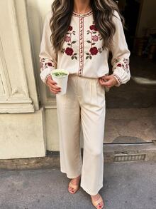 Flora Isola Flora Isola Floral Embroidery Lantern Sleeve Blouse & Wide Leg Pants Set - Apricot - View 6