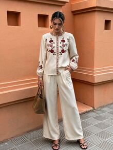 Flora Isola Flora Isola Floral Embroidery Lantern Sleeve Blouse & Wide Leg Pants Set - Apricot - View 4