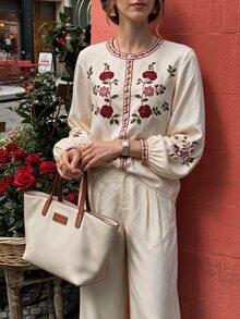 Flora Isola Flora Isola Floral Embroidery Lantern Sleeve Blouse & Wide Leg Pants Set - Apricot - View 5
