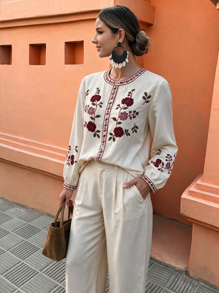 Flora Isola Flora Isola Floral Embroidery Lantern Sleeve Blouse & Wide Leg Pants Set - Apricot - View 1