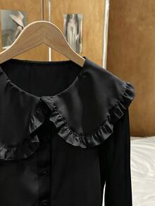 EMERY ROSE Women's Black Elegant Office Peter Pan Collar Shirt,Cute Korean Style Long Sleeve Tops,Versatile All-Match Autumn & Winter Cloth For Under/Outer Wear - Black - View 5