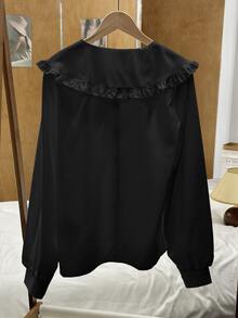 EMERY ROSE Women's Black Elegant Office Peter Pan Collar Shirt,Cute Korean Style Long Sleeve Tops,Versatile All-Match Autumn & Winter Cloth For Under/Outer Wear - Black - View 2